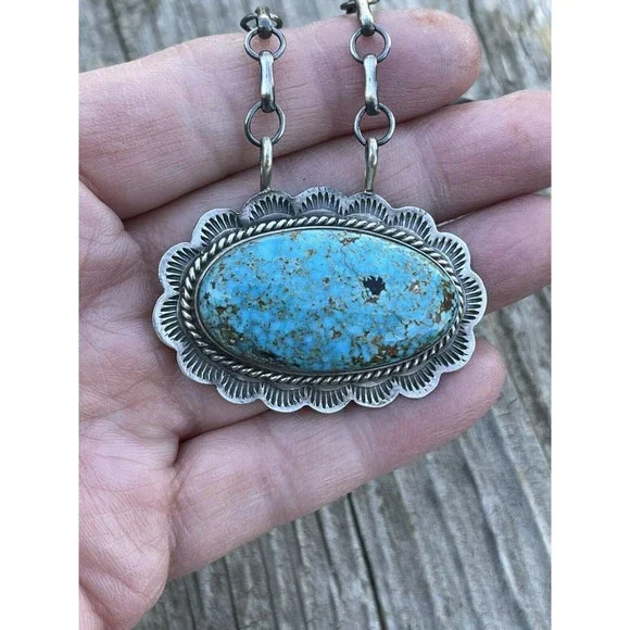 Navajo Sterling Silver & Royston Turquoise Stone Southwest Necklace Signed